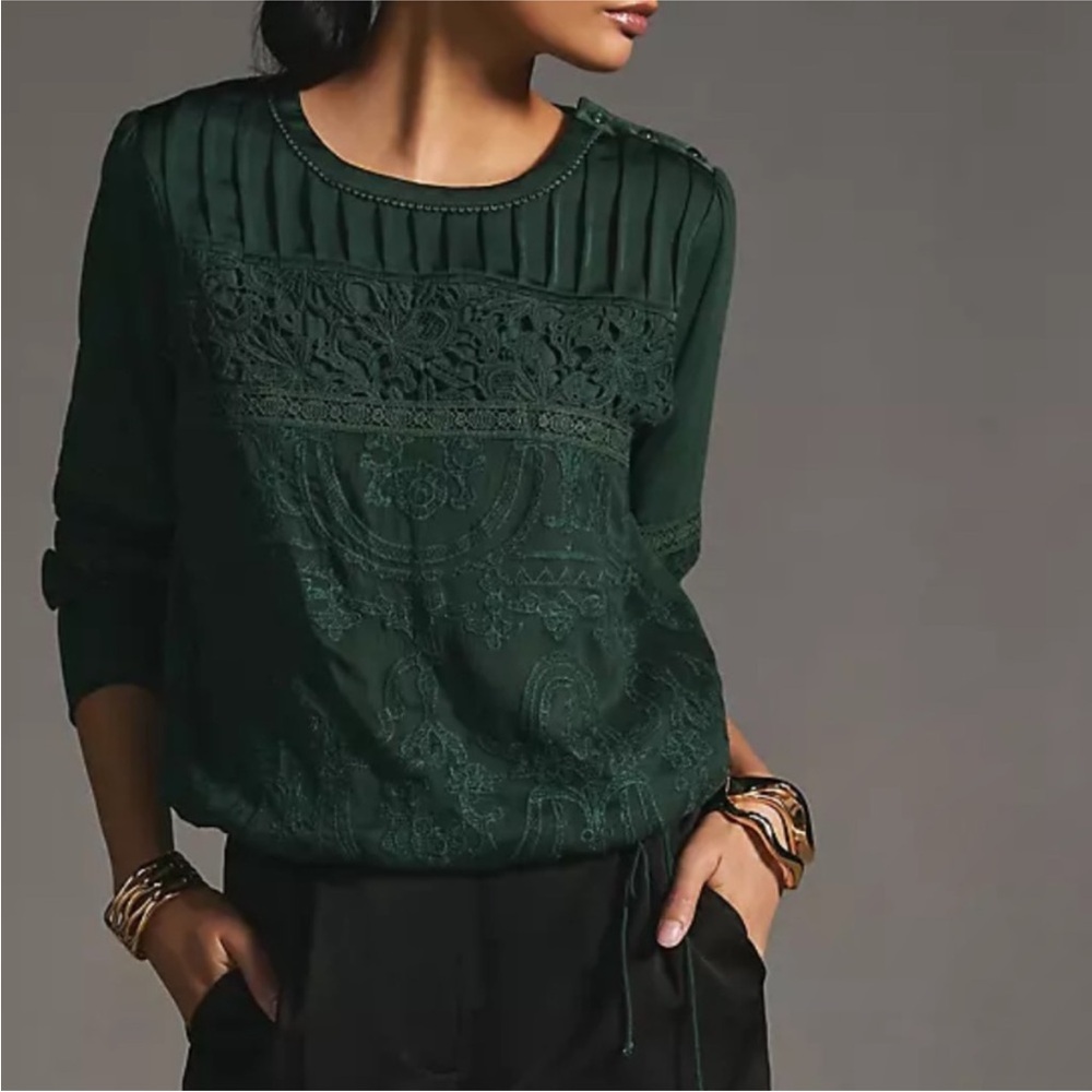 TINY by Anthropologie Green Lace Long Sleeve Blouse Size XS